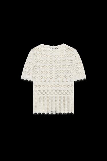 Zara POINTELLE KNIT SHORT SLEEVE CARDIGAN - Black / White