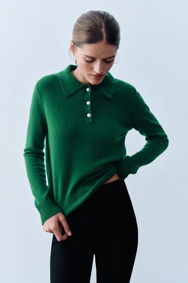 100% WOOL POLO SWEATER — Green 1
