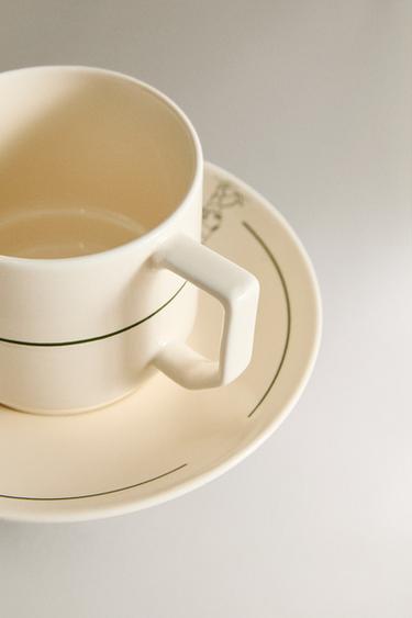 STONEWARE TEACUP AND SAUCER - White / Green by Zara - Image 2