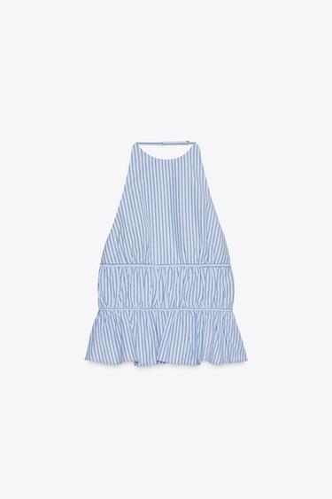 Zara STRIPED POPLIN HALTER TOP - Blue