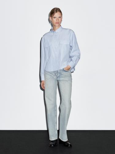 Zara Cotton blend high-waist straight-leg jeans - Light blue