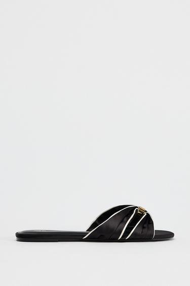 FLAT SATIN-EFFECT SANDALS WITH METALLIC PIECE - Black by Zara