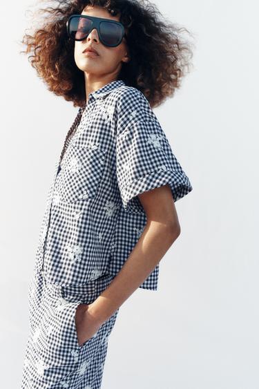 CHEMISE À CARREAUX BRODÉS - Bleu marine / Blanc de Zara - Image 2
