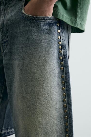 SHORT EN JEAN BAGGY FIT CLOUS MÉTALLIQUES - Bleu de Zara - Image 3