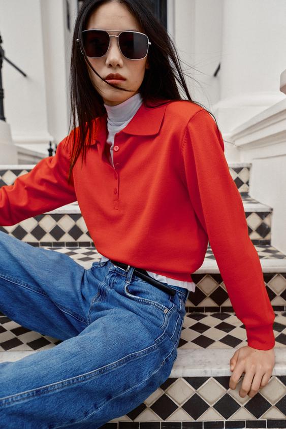 KNIT POLO JUMPER WITH SHOULDER PADS - Red / Orange by Zara - Image 4