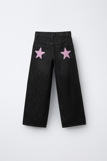 WIDE-LEG JEANS WITH STAR PATCHES - Black by Zara - Image 1