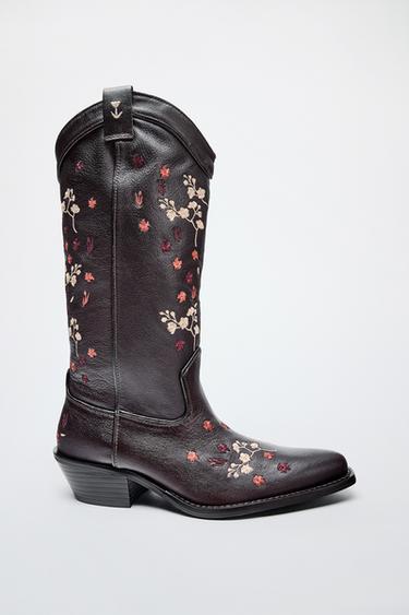 Zara LEATHER EMBROIDERED COWBOY BOOTS - Brown