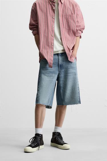 DENIM BERMUDA SHORTS WITH CONTRAST BANDS - Mid-blue by Zara