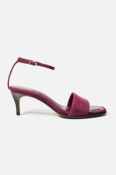 Zara SUEDE MID-HEEL SANDALS - Burgundy Red