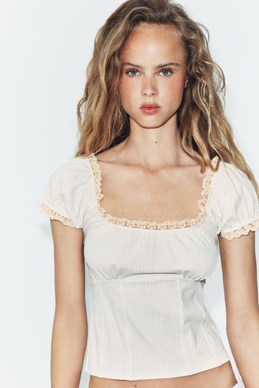 LACE-TRIMMED GINGHAM TOP - Ecru / Beige by Zara