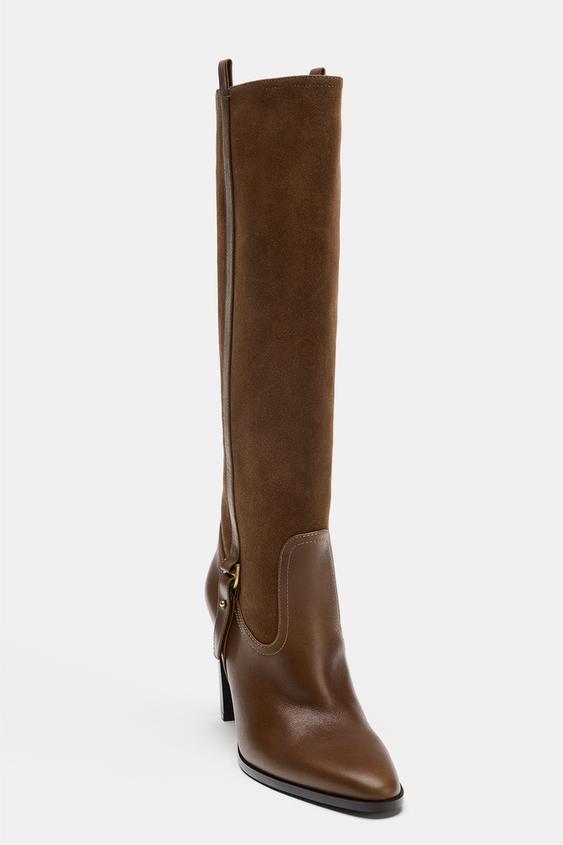 BOTTES TALONS COMBINÉES CUIR - Marron de Zara - Image 2