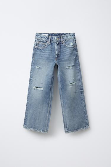 RIPPED WIDE-LEG JEANS - Blue by Zara