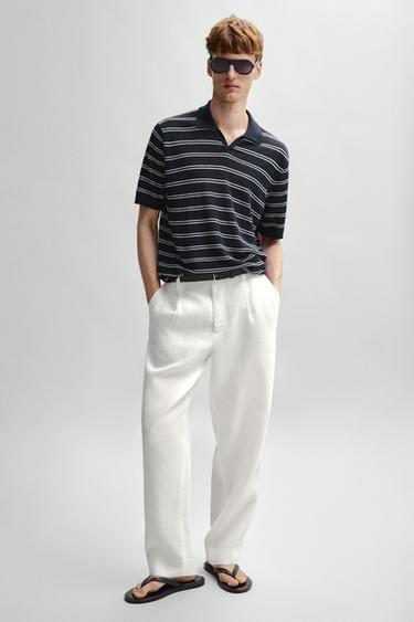Polo col V à rayures 100 % lin - Bleu marine de Zara