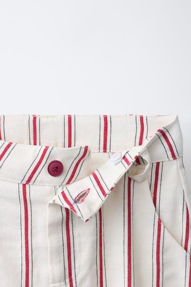 PANTALON BARREL À RAYURES AVEC COTON ET LIN - Écru / Rouge de Zara - Image 2