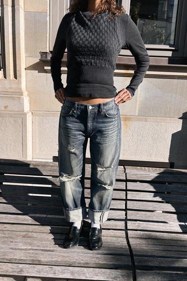 TRF RIPPED STRAIGHT MID-WAIST JEANS - Navy blue by Zara