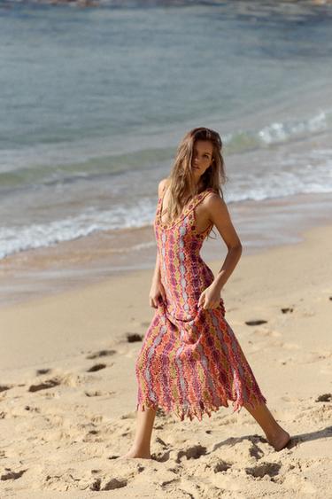 Zara LONG FRINGED KNIT DRESS - Multicolored