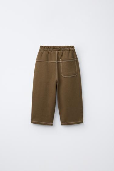 CONTRAST STITCHING FLEECE BAGGY PANTS — Mid-camel 2