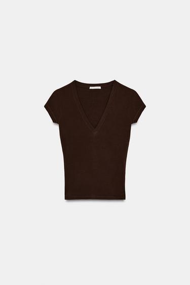 Zara V-NECK T-SHIRT - Brown