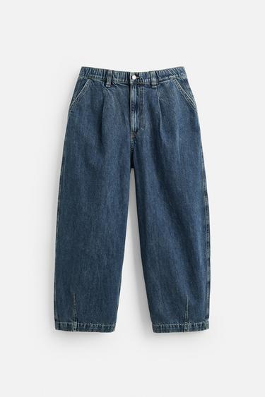 Zara 丹寧斜紋寬管打褶長褲 - 中藍色