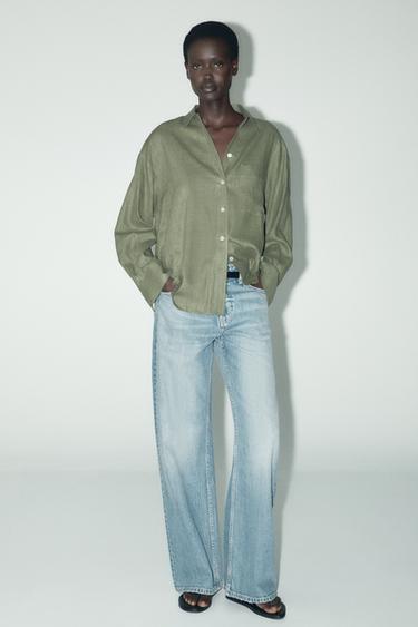 Zara OVERSIZED LINEN SHIRT - Khaki