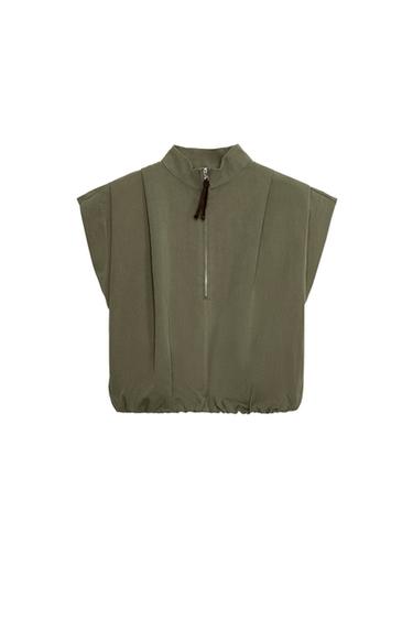 BLUSA BALÃO COM PREGAS E ZÍPER - Caqui-escuro da Zara