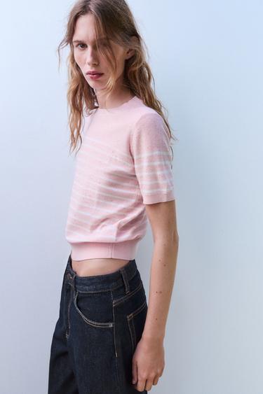 TOP PUNTO RAYAS LENTEJUELAS - Rosa pastel de Zara