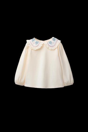 Zara EMBROIDERED PETER PAN COLLAR T-SHIRT - Ecru - Image 0