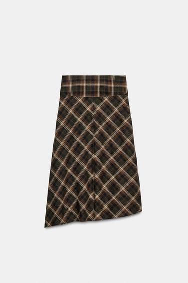 JUPE MI-LONGUE ASYMÉTRIQUE À CARREAUX - Kaki foncé de Zara - Image 7
