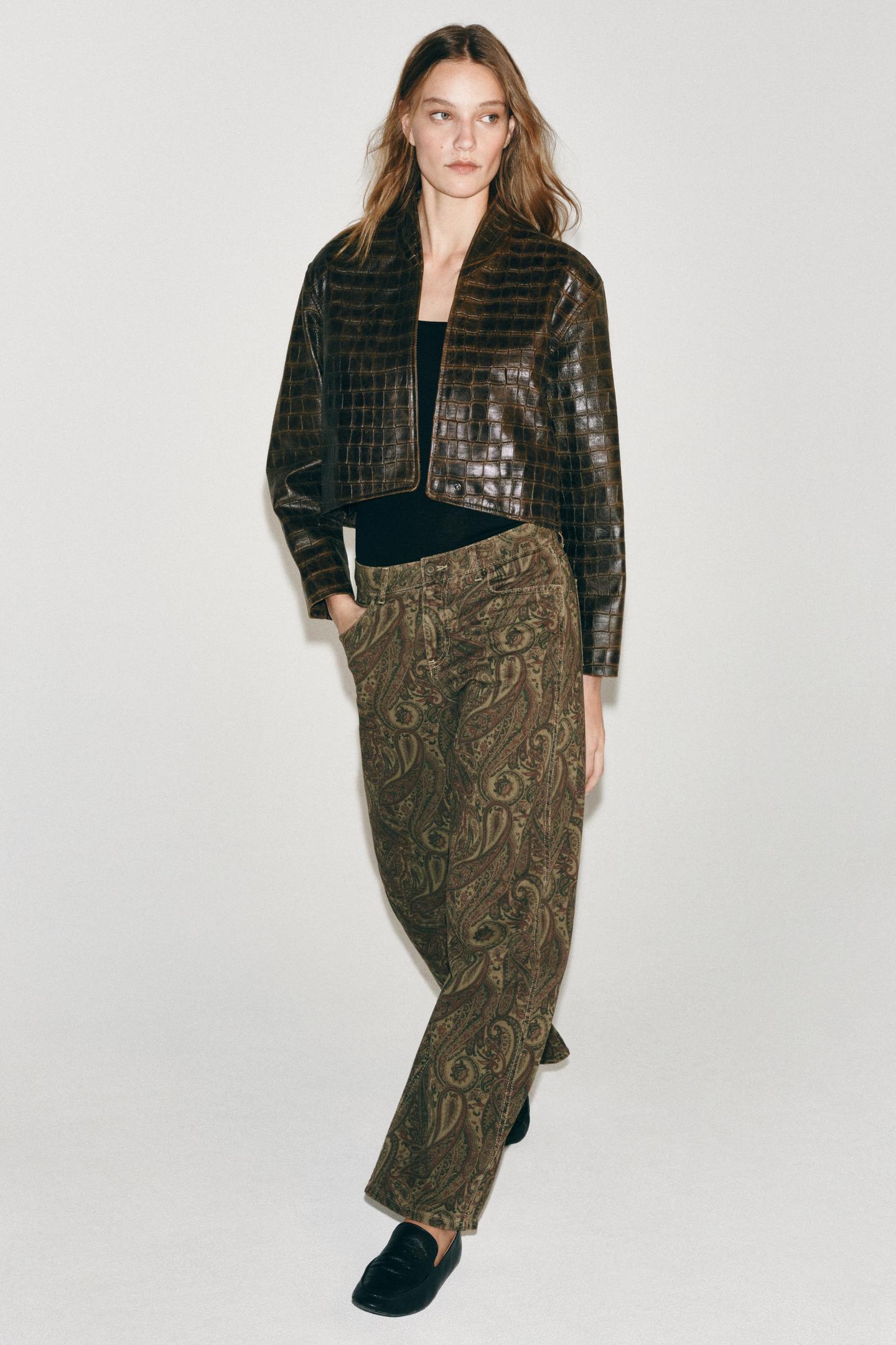 Женская куртка Zara ZW Collection 100% Leather Distressed Cropped Jacket, цвет: Коричневый — фото 5