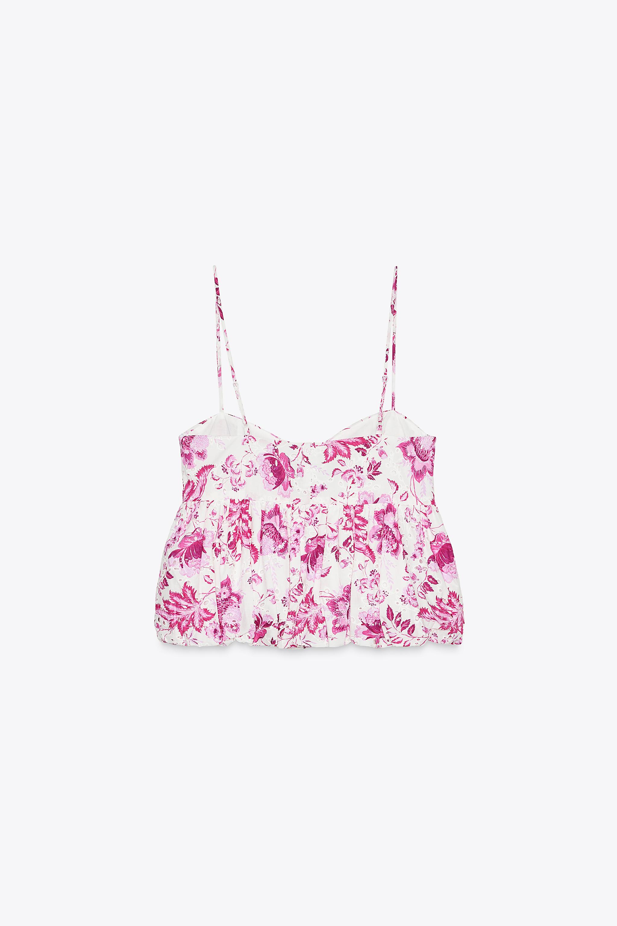 PRINTED TOP WITH OPENWORK EMBROIDERY - Pink / White | ZARA