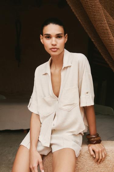 KORTE BLOUSE MET LINNEN - Zand van Zara
