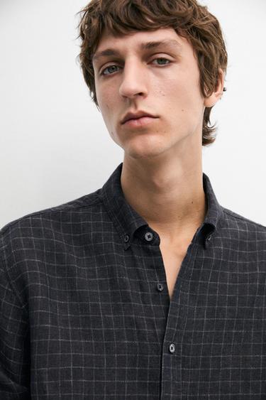 Camisa regular fit cuadros 100% lino - Plomo de Zara