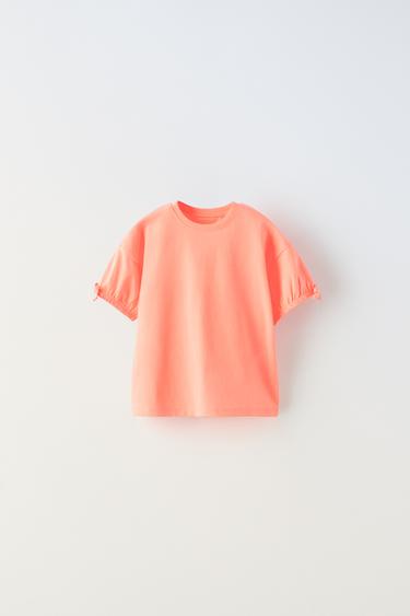 ОДНОТОННАЯ ФУТБОЛКА С БАНТАМИ — НЕОНОВО-ОРАНЖЕВЫЙ от Zara — изображение 0
