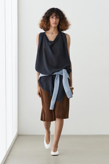 Zara Asymmetric linen blend top - Blue - Image 0
