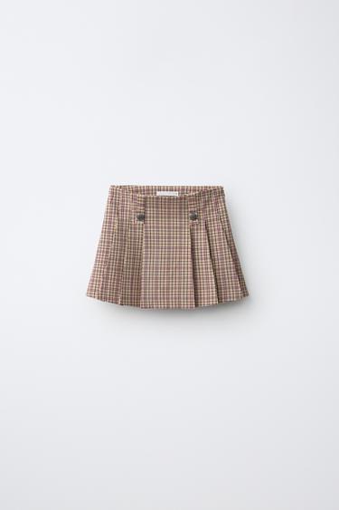 CHECKED PLEATED SKIRT WITH BUTTON DETAIL - Ecru / Maroon by Zara - Image 0