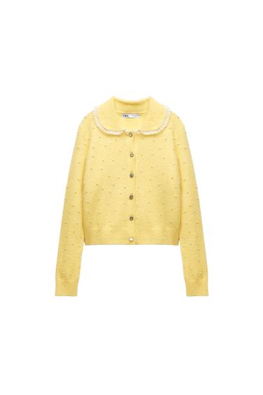 KNIT CARDIGAN WITH FAUX PEARL APPLIQUÉS