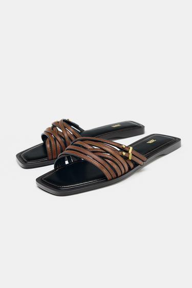 SANDALES PLATES BRIDES CUIR ET BOUCLE - Marron de Zara - Image 1