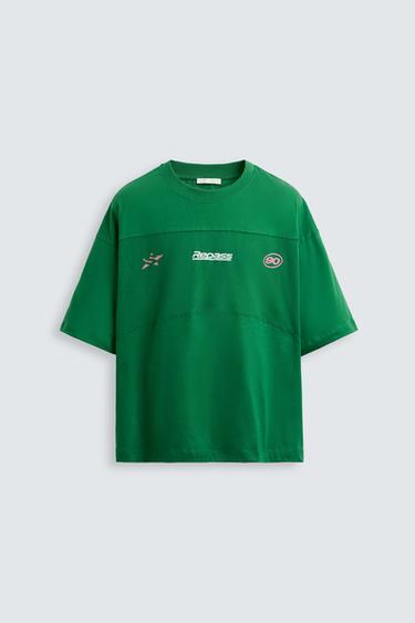 Zara MESH STRIPE T-SHIRT - Green