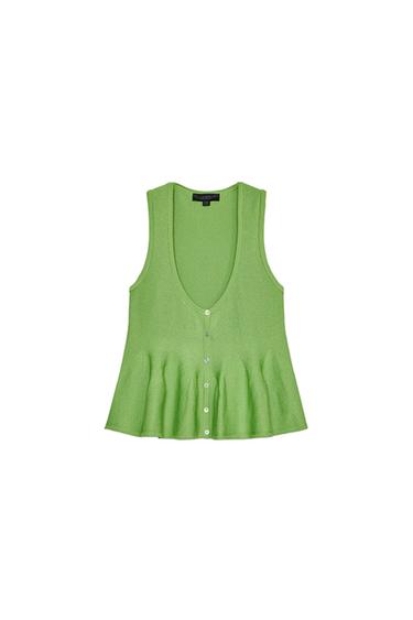 Front view of a green waistcoat with a V-neck and front buttons.