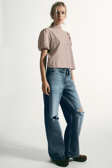 Zara TIED PLAID SHIRT - Ecru / Brown