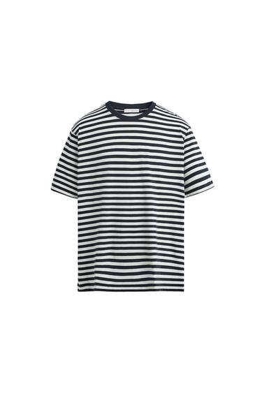 Zara BASIC MEDIUM WEIGHT T-SHIRT - Ecru / Navy - Image 0