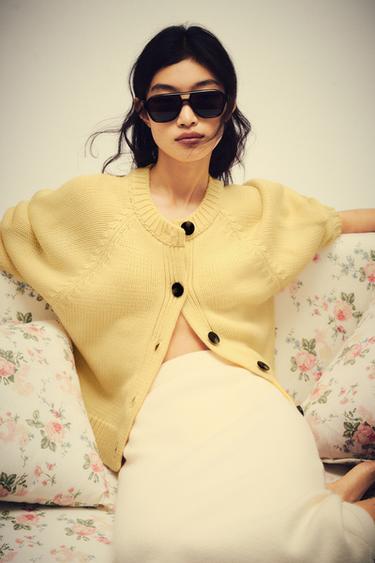 Zara 泡泡袖針織開襟衫 - 黃色