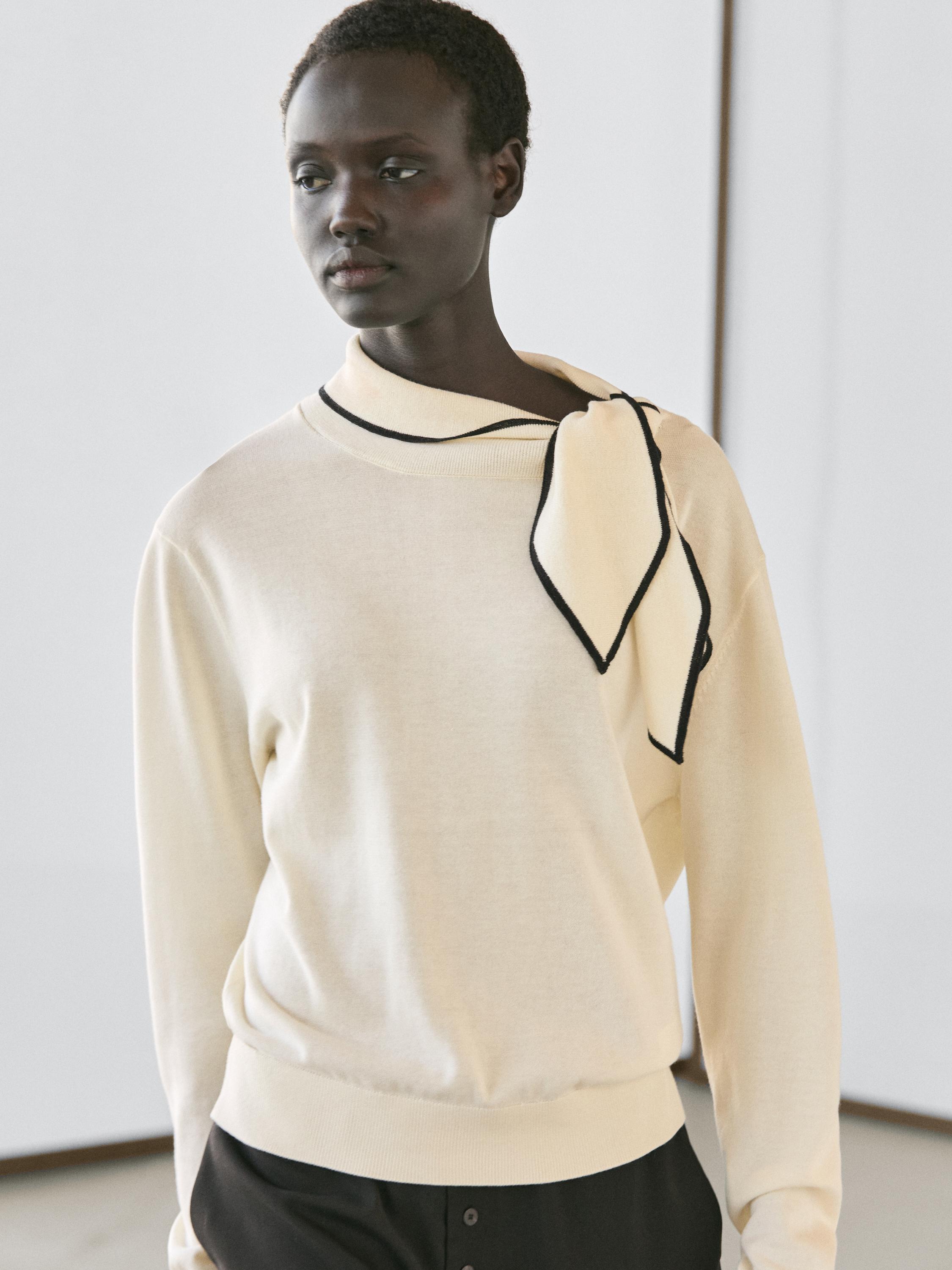 Cotton knit sweater with scarf detail