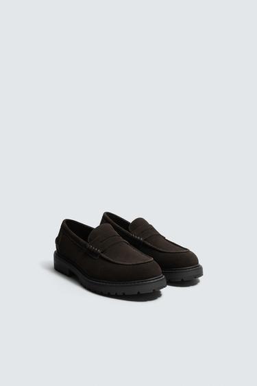 LEATHER TRACK SOLE PENNY LOAFERS - Brown by Zara
