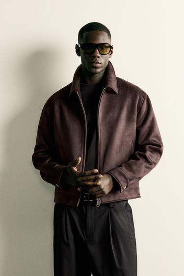 Zara REGULAR FIT FAUX SUEDE JACKET - Chocolate