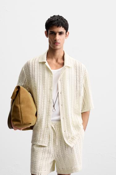 Zara CROCHET TEXTURED SHIRT - Oyster-white