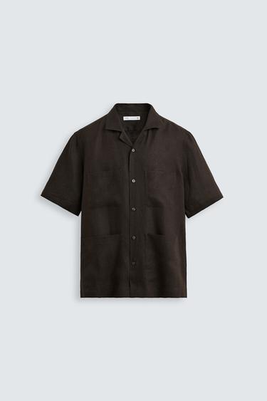 100% LINEN SHIRT WITH POCKETS - Chocolate by Zara