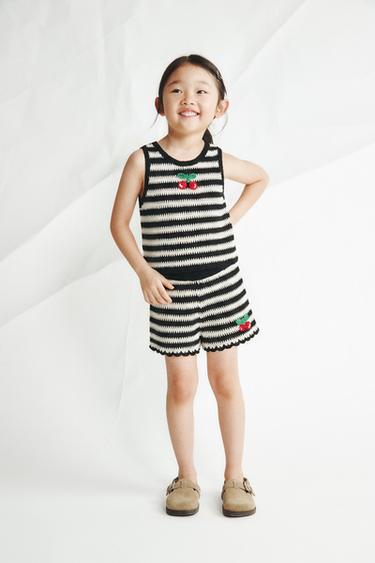 CROCHET KNIT BERMUDA SHORTS WITH STRIPES AND CHERRY EMBROIDERY - Ecru / Black by Zara - Image 4