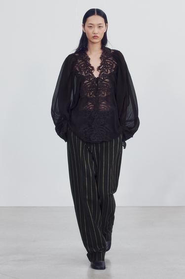 ZW COLLECTION LACE TIE-FRONT SHIRT — Brown 2