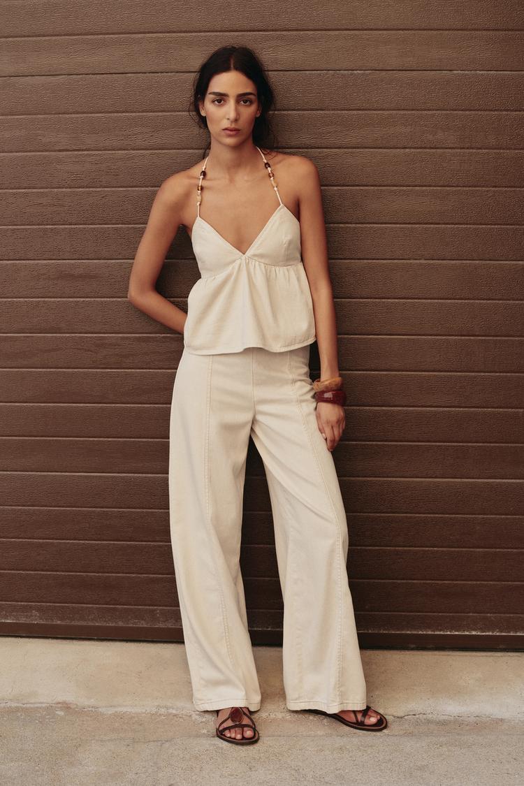 Z1975 WIDE-LEG HIGH-WAIST BEADED JEANS Ecru ZARA United Kingdom